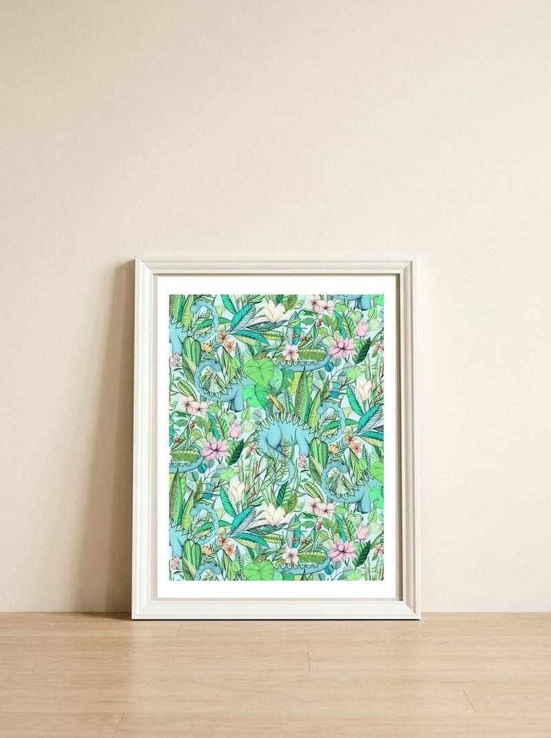 Improbable Botanical with Dinosaurs - soft pastels — framed, leaning against the wall