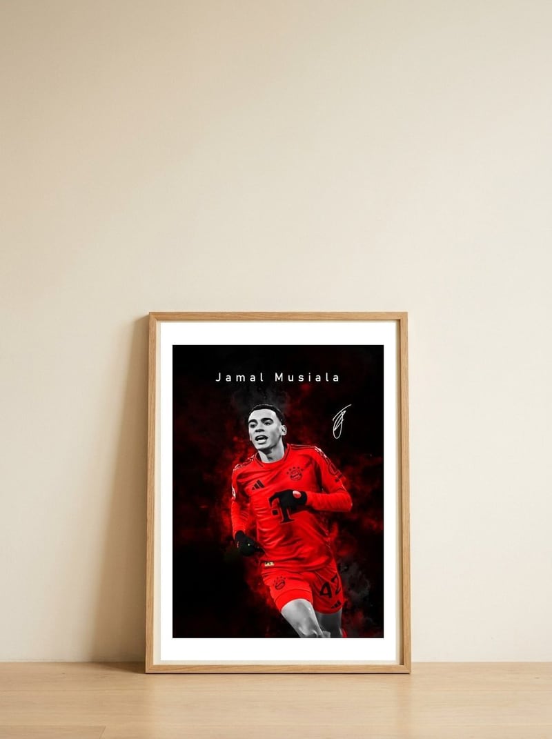 jamal-musiala-portrait — framed, leaning against the wall