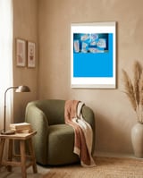 Collage Of Fishes Painted And Reversed On A Deep Blue Sea Canvas framed in a tender room thumbnail