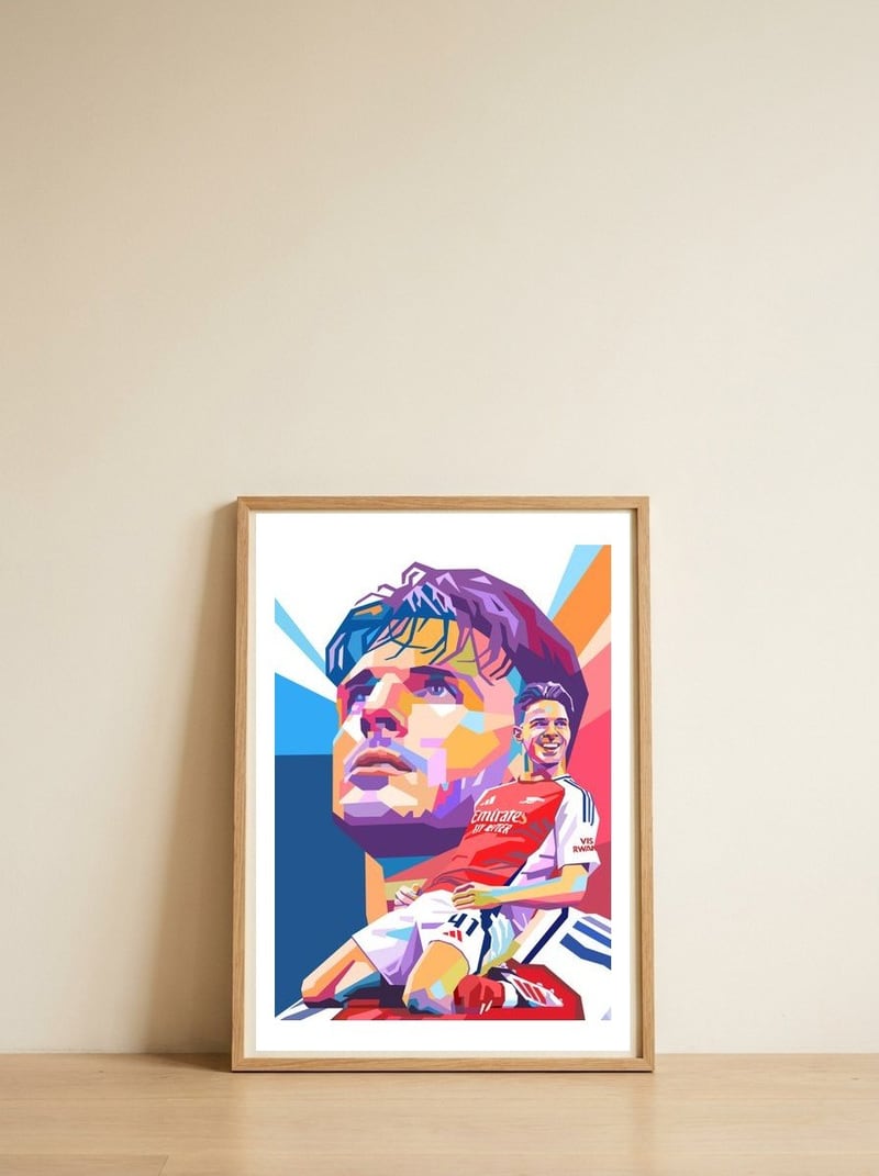 Declan Rice pop art portrait — framed, leaning against the wall