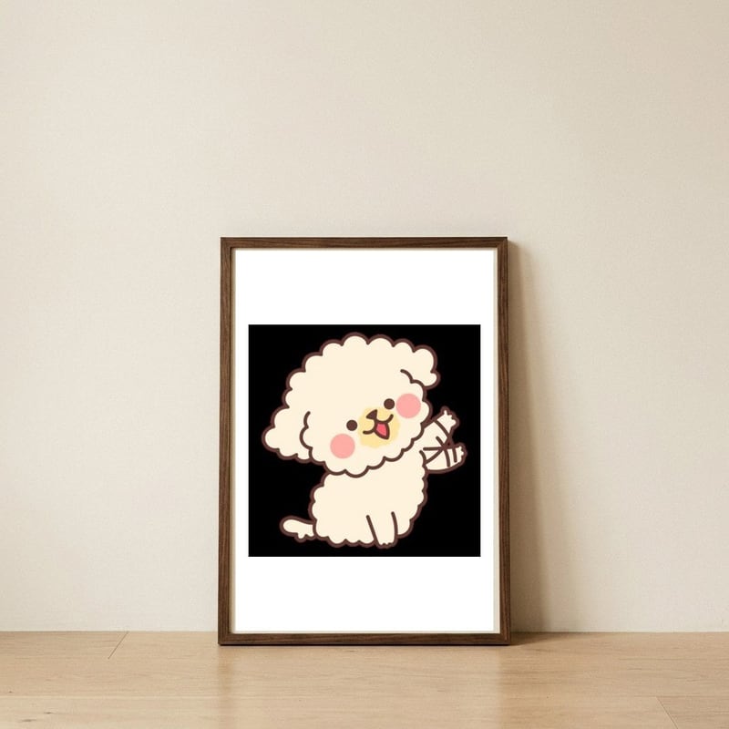 Cute Dog Happily Waving His Paw  — framed, leaning against the wall