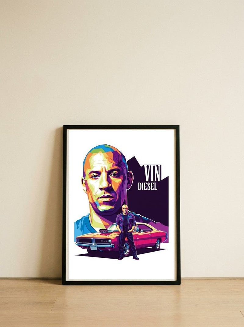 Vin Diesel art — framed, leaning against the wall