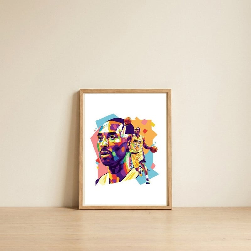 Kobe Bryant pop art portrait — framed, leaning against the wall