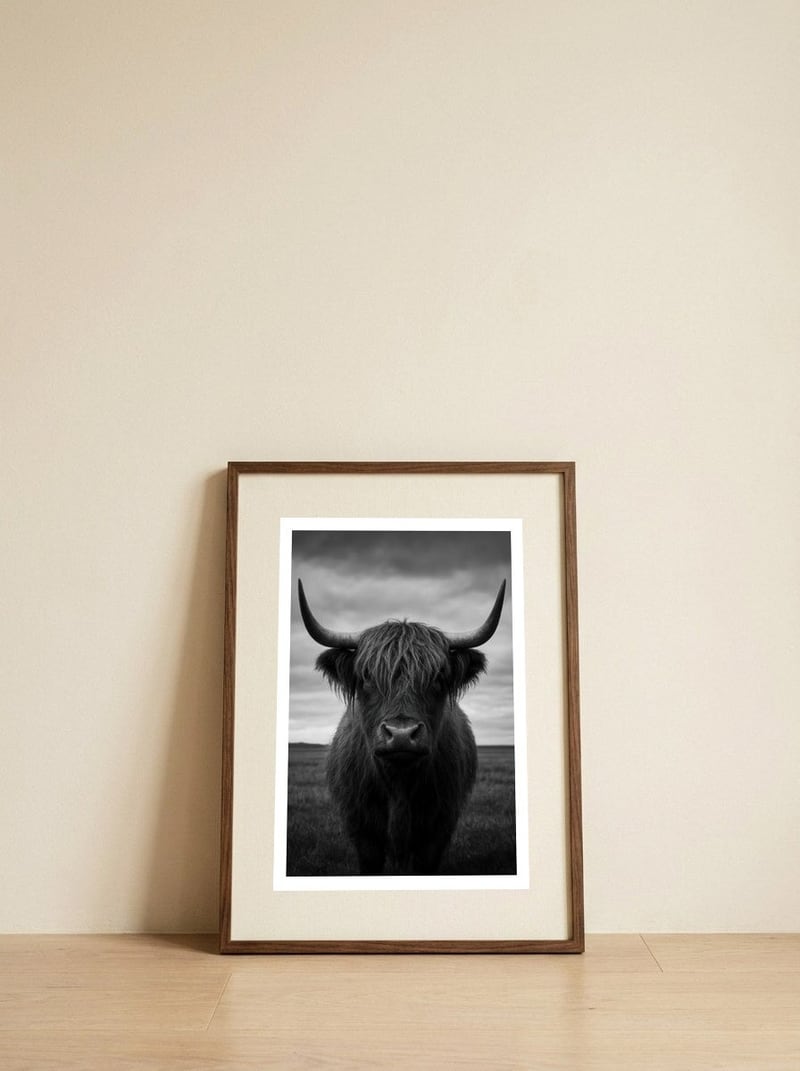 highland-cow-black-and-white — framed, leaning against the wall