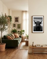 highland-cow-black-and-white framed in a grounding room thumbnail