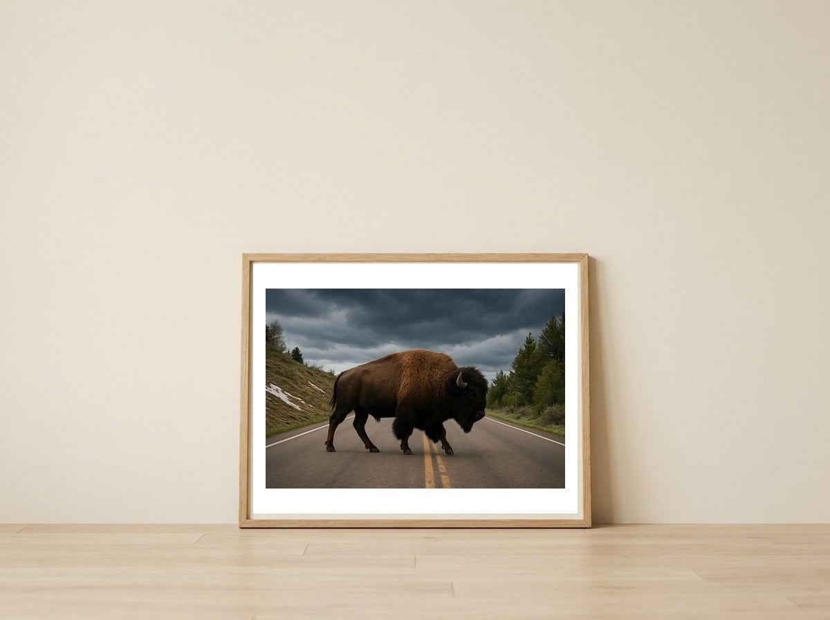 bison-on-the-road-yellowstone-wildlife-photography-1 — framed, leaning against the wall