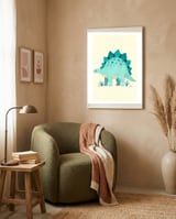 Teal Stegosaurus Watercolor Art, Cute Dinosaur Nursery Print, Whimsical Dino Illustration framed in a tender room thumbnail