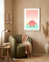 Stegosaurus Watercolor Art, Cute Dinosaur Nursery Print, Coral Dino Illustration framed in a tender room thumbnail