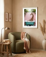 Giraffe in Bathtub, Whimsical Bathroom Art framed in a tender room thumbnail