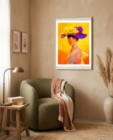 Audrey Hepburn Pop Art, Vibrant Floral Hat Portrait, Iconic Movie Star Illustration framed in a tender room thumbnail