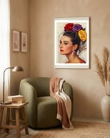 Audrey Hepburn, Impasto Floral Veil Portrait, Classic Hollywood Oil Painting, framed in a tender room thumbnail