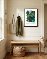 La Botanique, Botanical Garden, Colorful Jungle Print, Boho FLower Market framed in a relaxed room thumbnail