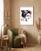 Crimson Kanzashi Modern Geisha framed in a tender room thumbnail