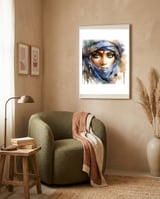 Blue Veil Tuareg Woman Portrait framed in a tender room thumbnail