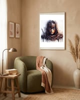 Armored Medieval Warrior Woman framed in a tender room thumbnail