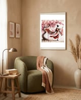 Geisha Under Cherry Blossoms In Motion framed in a tender room thumbnail