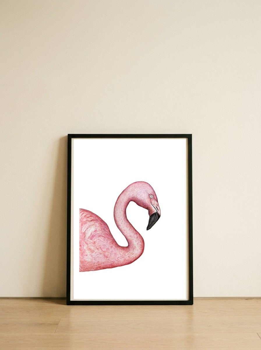 Flamingo — framed, leaning against the wall