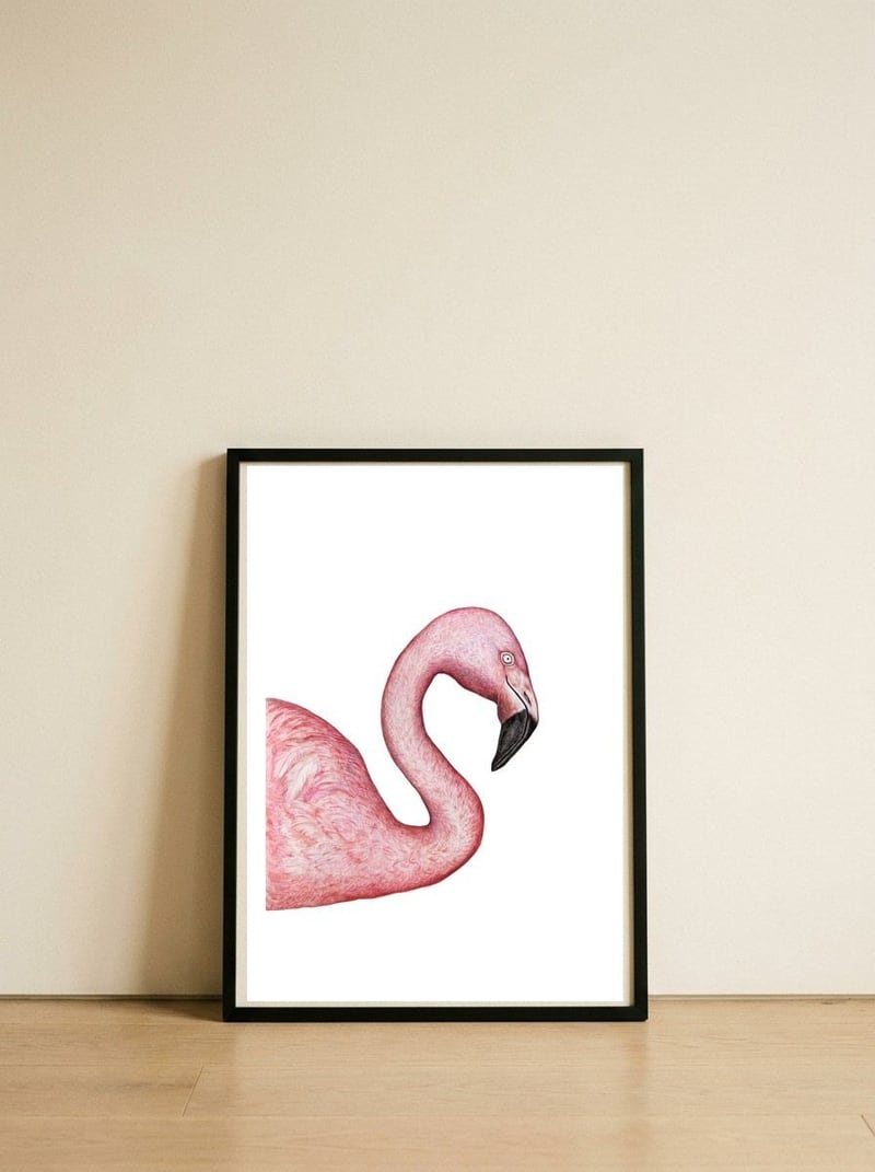 Flamingo — framed, leaning against the wall