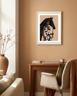 Woman In Bold Print With Black Horse framed in a focused room thumbnail