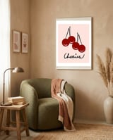 Cherries modern simple minimalistic red cute Fruit wall art framed in a tender room thumbnail