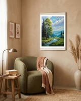 Serene Mountain River Landscape Oil Painting framed in a tender room thumbnail