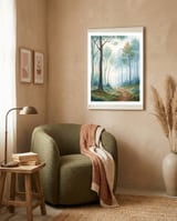 Ethereal Misty Forest Watercolor Art Print framed in a tender room thumbnail