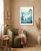 Ethereal Misty Pine Forest Watercolor Art framed in a tender room thumbnail