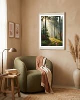 The Golden Path: Ethereal Sunbeams Piercing Through a Misty Evergreen Forest at Dawn framed in a tender room thumbnail