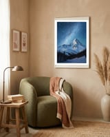 Majestic Snow-Capped Mountain Peak Under a Brilliant Starry Night Sky framed in a tender room thumbnail