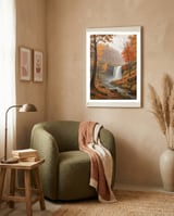 Serene Autumn Waterfall in Misty Forest framed in a tender room thumbnail