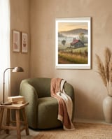 Rustic Red Roof Barn in Misty Morning Valley Landscape framed in a tender room thumbnail