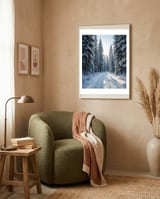 Serene Winter Wonderland Forest Road framed in a tender room thumbnail