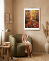 Sun-Drenched Golden Forest Path with Vibrant Autumn Foliage framed in a tender room thumbnail