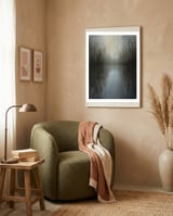Ethereal Rainy Lake Forest Oil Painting framed in a tender room thumbnail