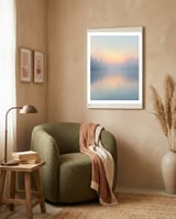 Misty Sunrise Over Pine Forest Lake framed in a tender room thumbnail