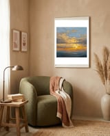 Atmospheric Golden Sunset Impasto Oil Painting Featuring Textured Clouds framed in a tender room thumbnail