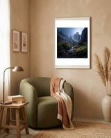 Majestic Misty Mountain Valley with Cascading Waterfall framed in a tender room thumbnail