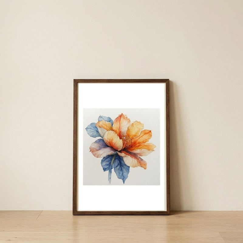 ethereal-amber-and-azure-bloom-1 — framed, leaning against the wall