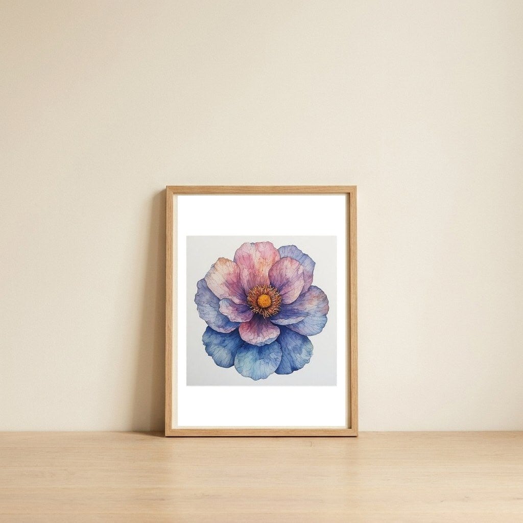 ethereal-bloom-watercolor-petals-in-indigo-and-rose-1 — framed, leaning against the wall