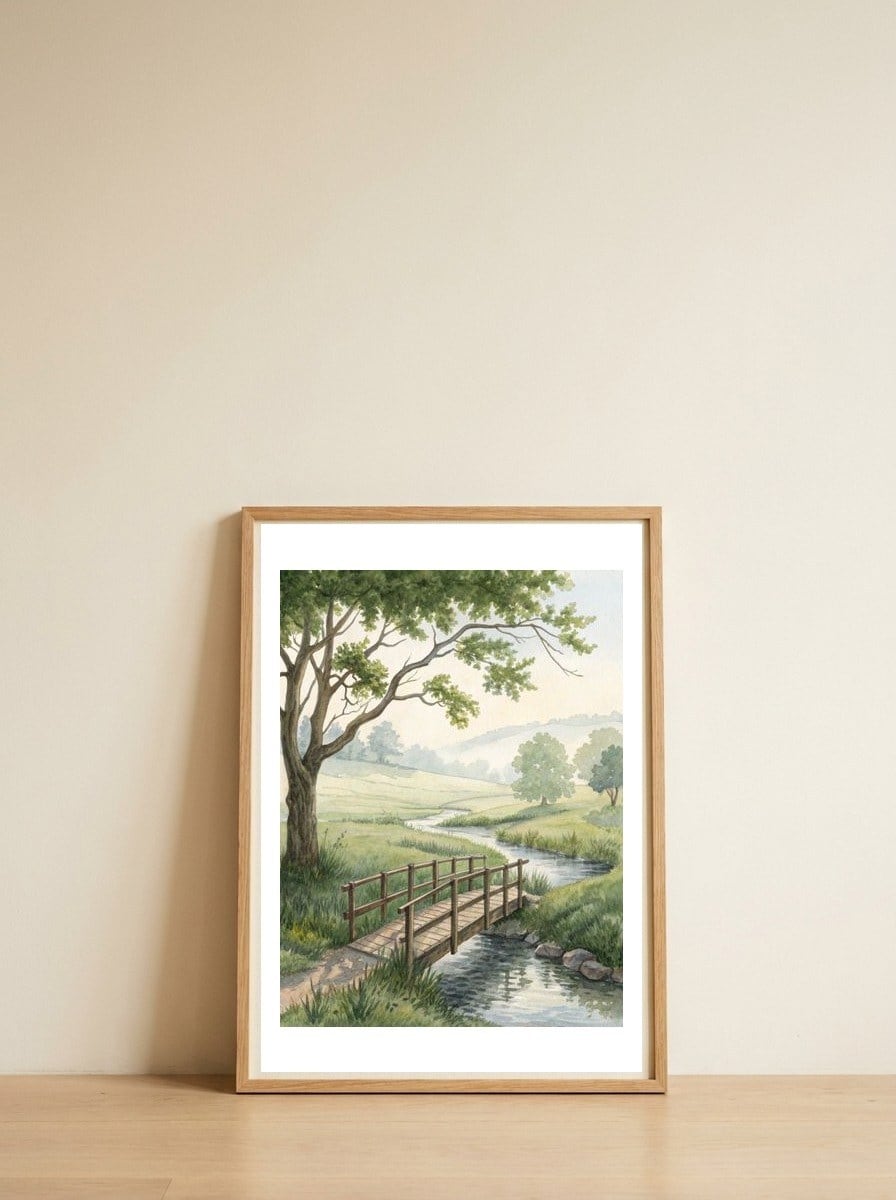 the-quiet-crossing-a-peaceful-meadow-bridge-1 — framed, leaning against the wall