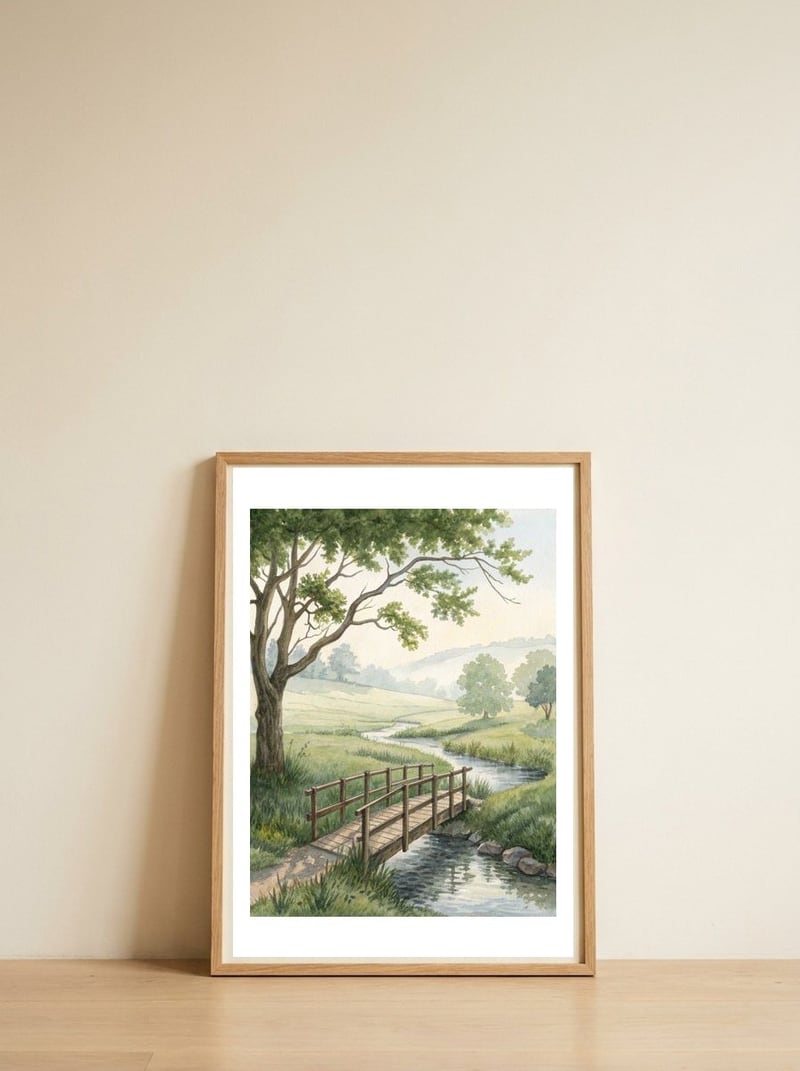 the-quiet-crossing-a-peaceful-meadow-bridge-1 — framed, leaning against the wall