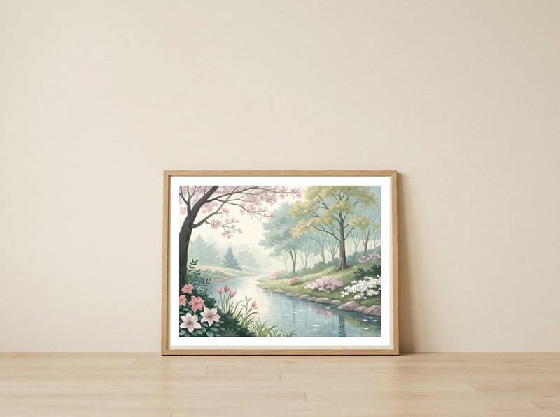springtime-blossoms-a-serene-garden-stream-1 — framed, leaning against the wall