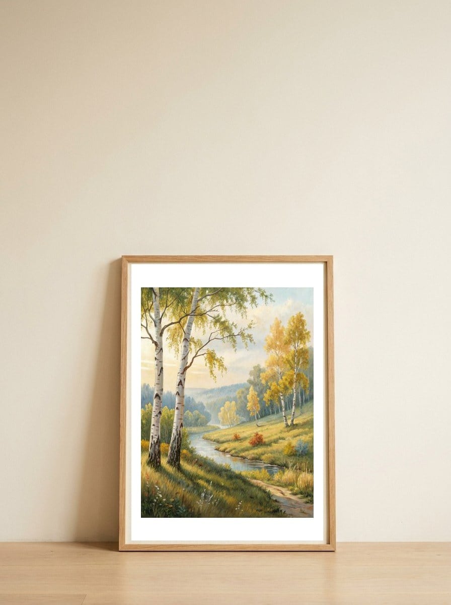 golden-autumn-birch-a-riverside-walk-1 — framed, leaning against the wall
