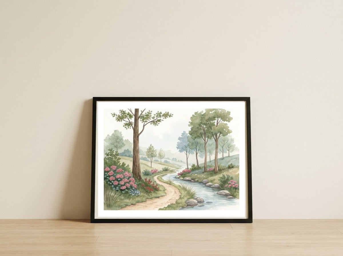 serene-meadow-stream-a-gentle-countryside-walk-1 — framed, leaning against the wall