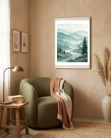 Serene Misty Mountain Valley Watercolor Painting framed in a tender room thumbnail