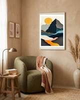 Minimalist Layered Mountain Landscape with Golden Sun framed in a tender room thumbnail