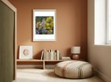 Albino Parrot Perched On A Rock Amongst Flowers framed in a gentle room thumbnail