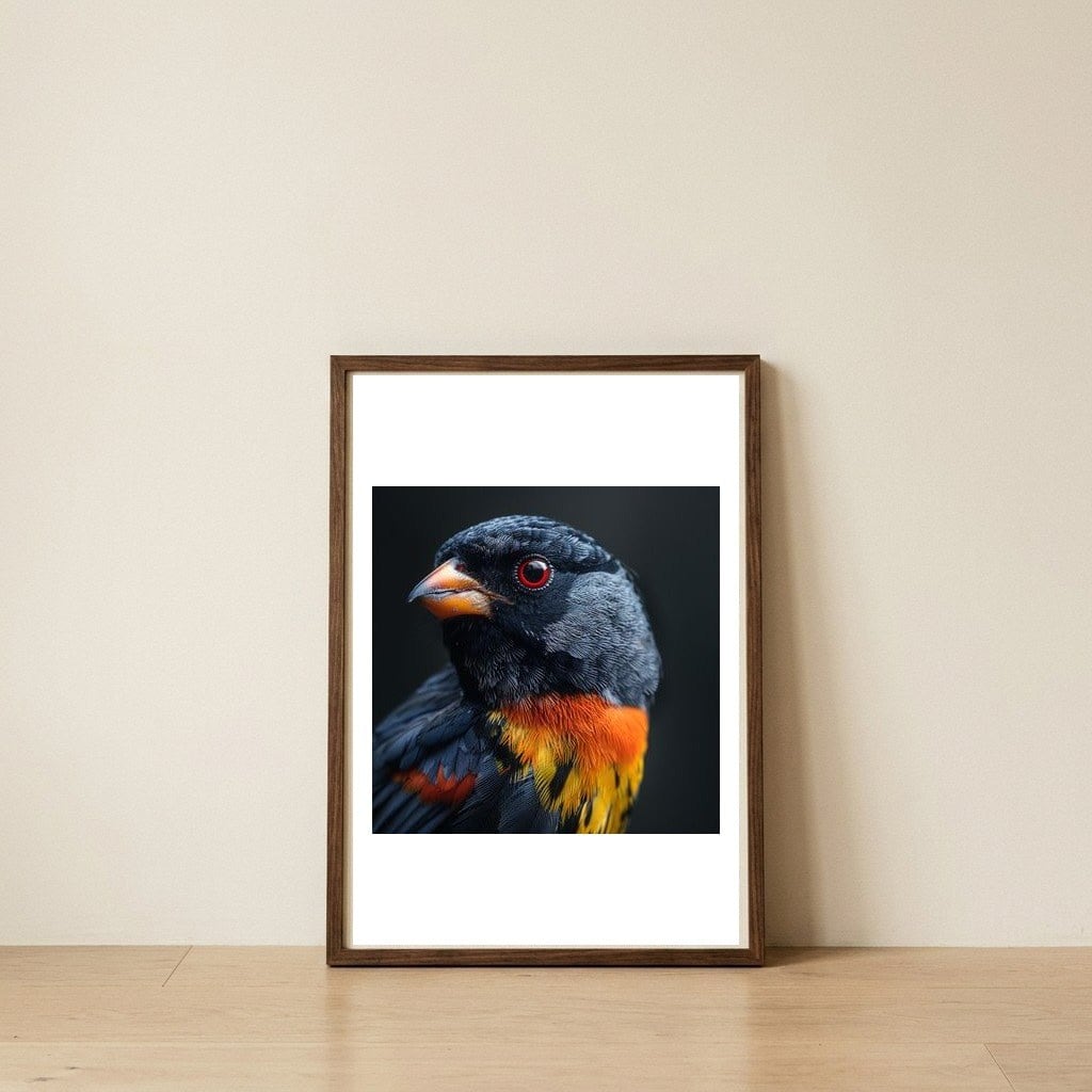 black-bird-with-red-eyes-and-orange-chest-feathers-1 — framed, leaning against the wall