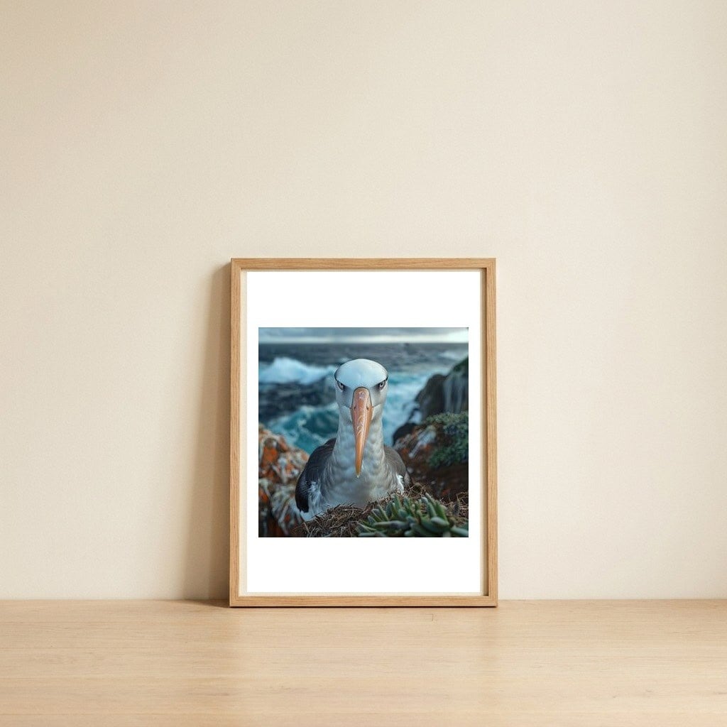 black-browed-albatross-perched-on-nest-near-ocean-1 — framed, leaning against the wall