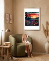 Watercolor Folk Art Sunset Landscape framed in a tender room thumbnail